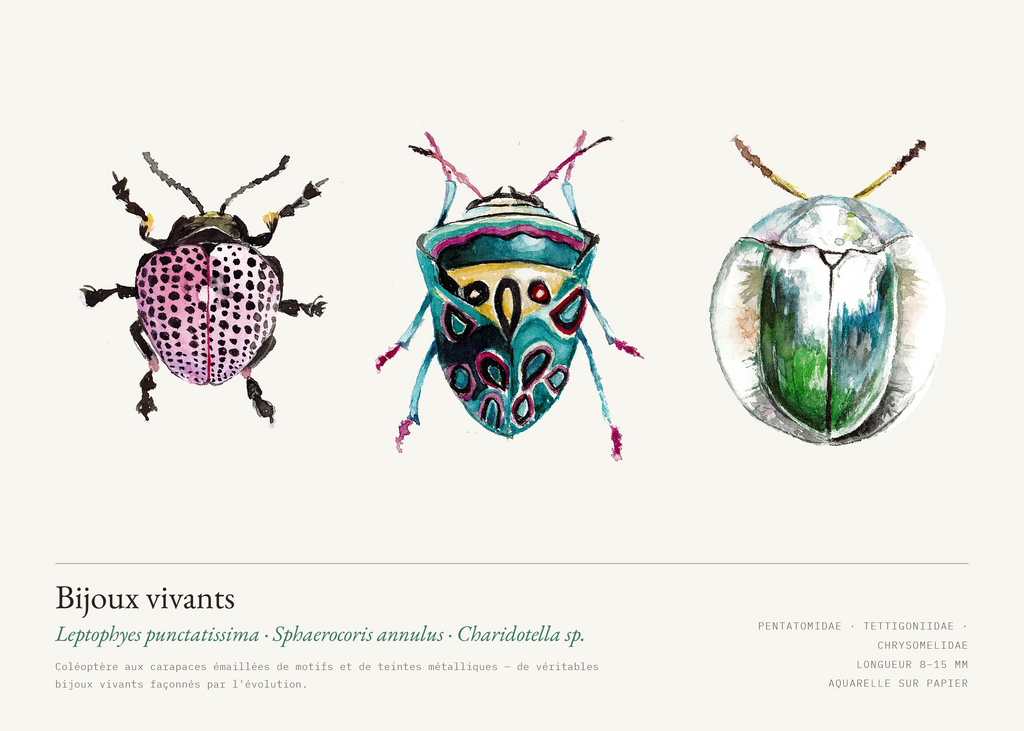 Bijoux vivants — Leptophyes punctatissima · Sphaerocoris annulus · Charidotella sp.